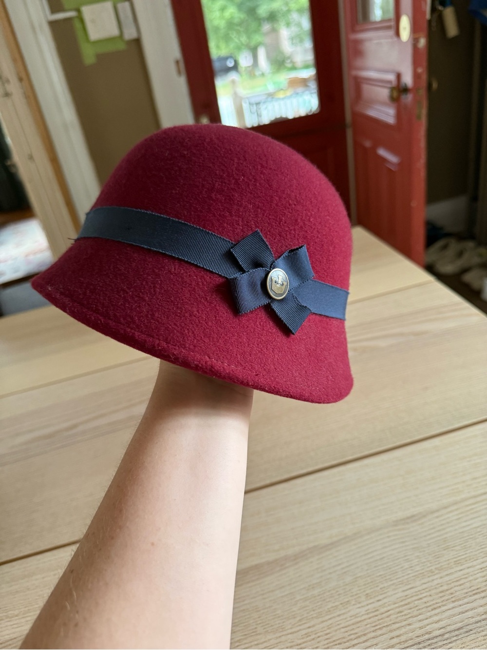 Goorin Bros Burgundy Wool Cloche Hat with Navy Ribbon Bow